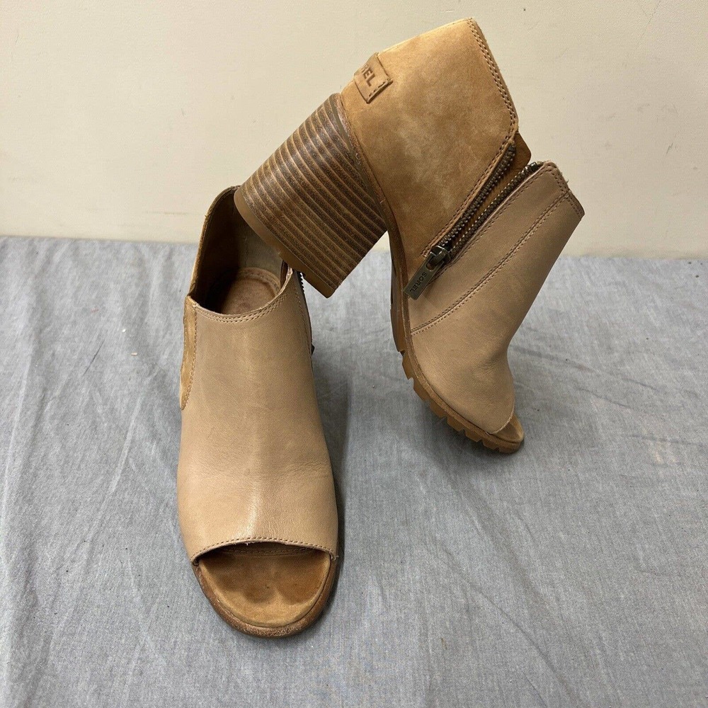 Women's Sorel NL3574-246 Block Heel Ankle Boots Size 9 Tan FS Bnfts Charity